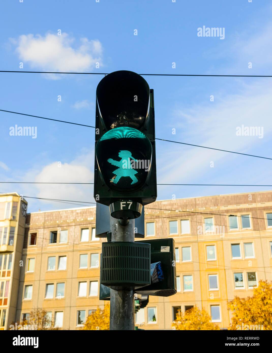 Semaforo semaforo pedonale semaforo con il semaforo verde uomo per pedoni, Dresda, Sassonia, Germania Foto Stock