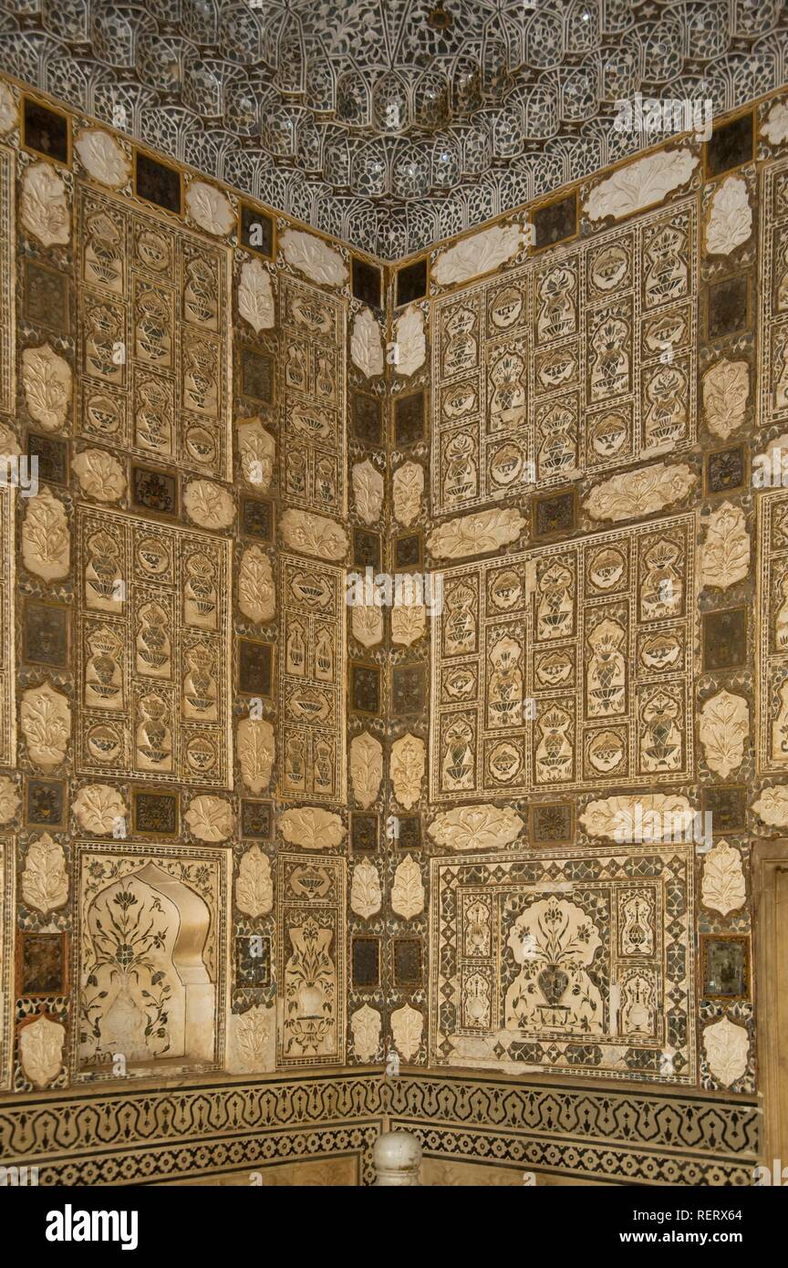 Sheesh Mahal o Palazzo degli specchi, Ambra Fort, Jaipur, Rajasthan, India, Asia del Sud Foto Stock