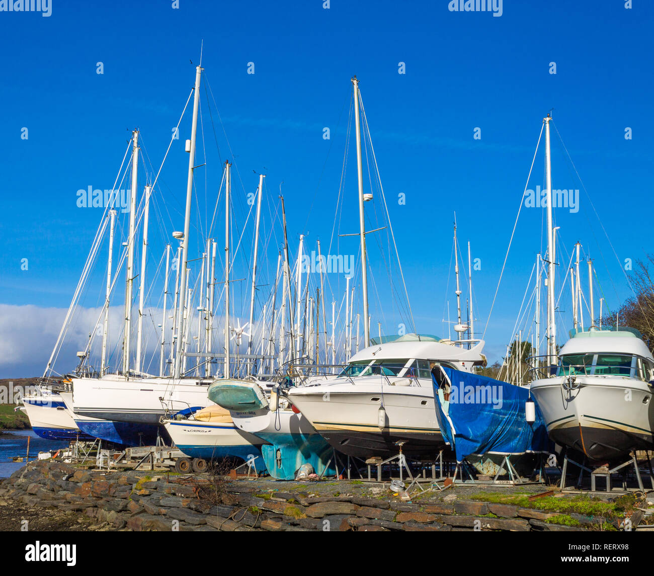 Barca cortile pieno di yacht e cabinati cazzate fino per l'inverno. Foto Stock