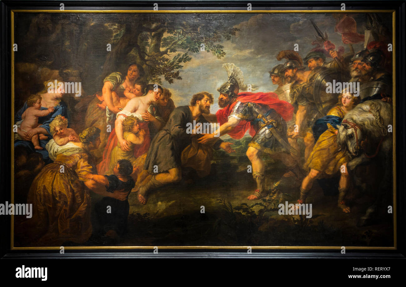 Il XVII secolo la pittura la Riconciliazione di Giacobbe ed Esaù dal pittore fiammingo Jan van den Hoecke in Il Groeningemuseum di Bruges, Fiandre, in Belgio Foto Stock
