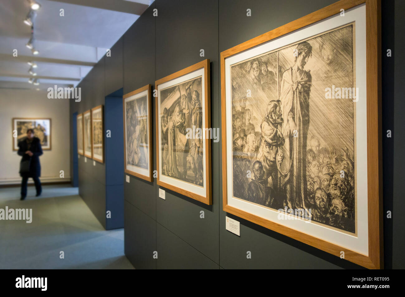 Litografie di Anglo-Welsh artista pittore Frank Brangwyn nel museo Arentshuis nella città di Bruges, Fiandre Occidentali, Belgio Foto Stock