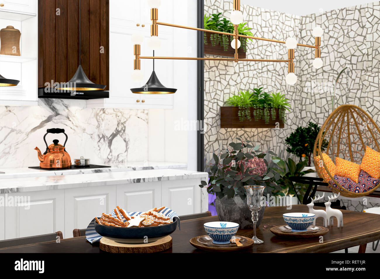 3D render moderna cucina casalinga Foto Stock