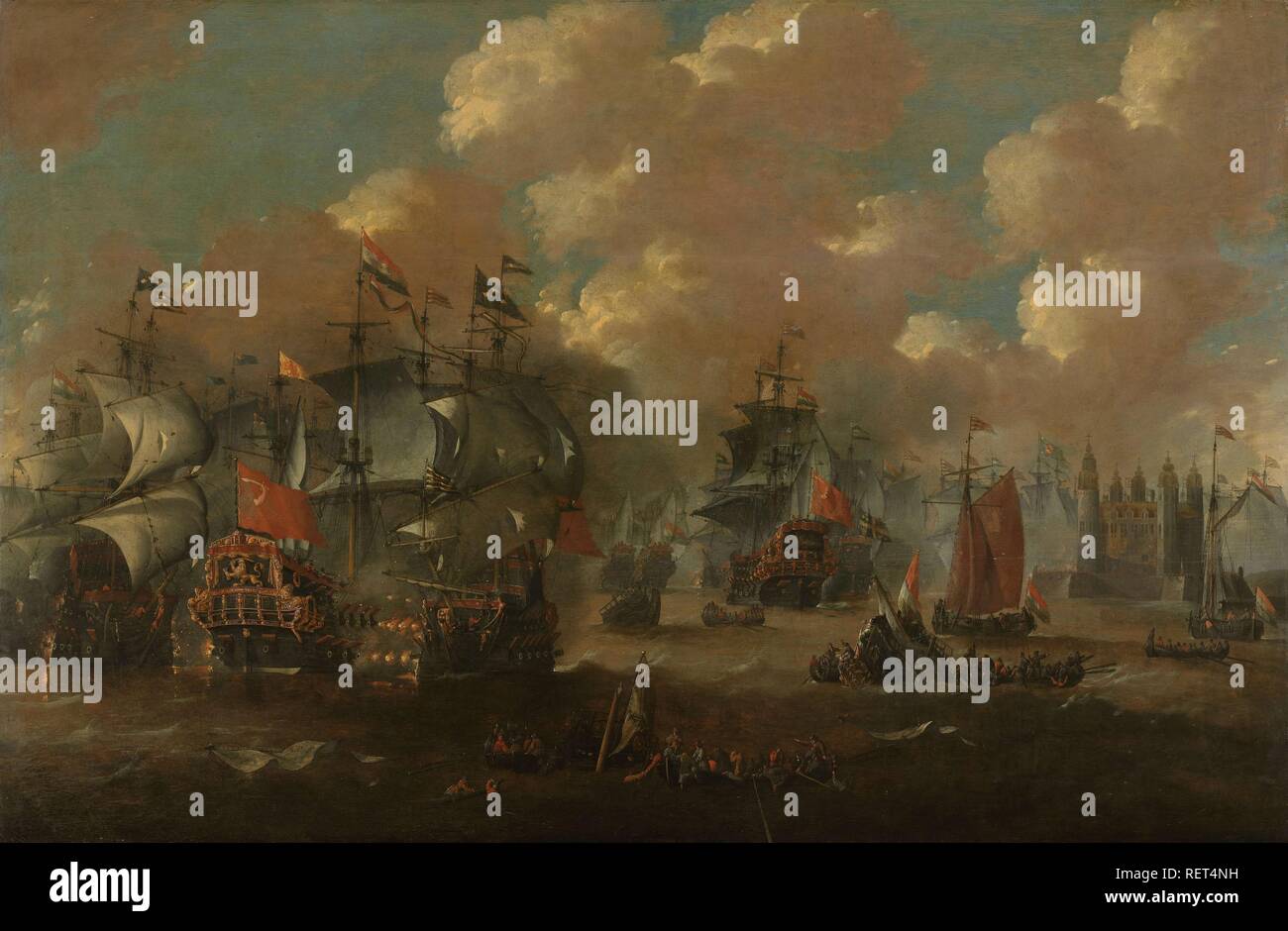 Battaglia navale vicino Elseneur nel Sont tra l'olandese e svedese di flotte, 8 novembre 1658. Dating: 1670 - 1679. Misurazioni: h 70 cm × w 107,5 cm. Museo: Rijksmuseum Amsterdam. Autore: Peter van de Velde. Foto Stock