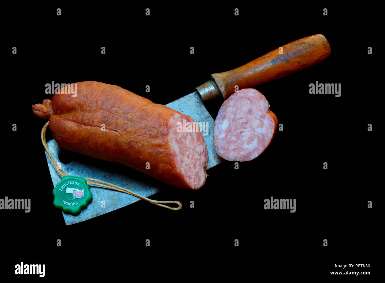 Salsiccia vaudois, Waadtlaender salsiccia mit Hackbeil, Waadtlõnder salsiccia Foto Stock