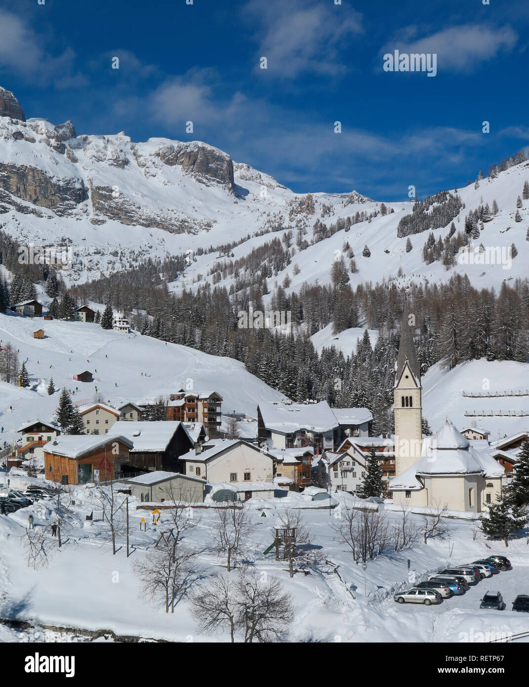 Alpine resort Arabba, Dolomiti, Italia Foto Stock