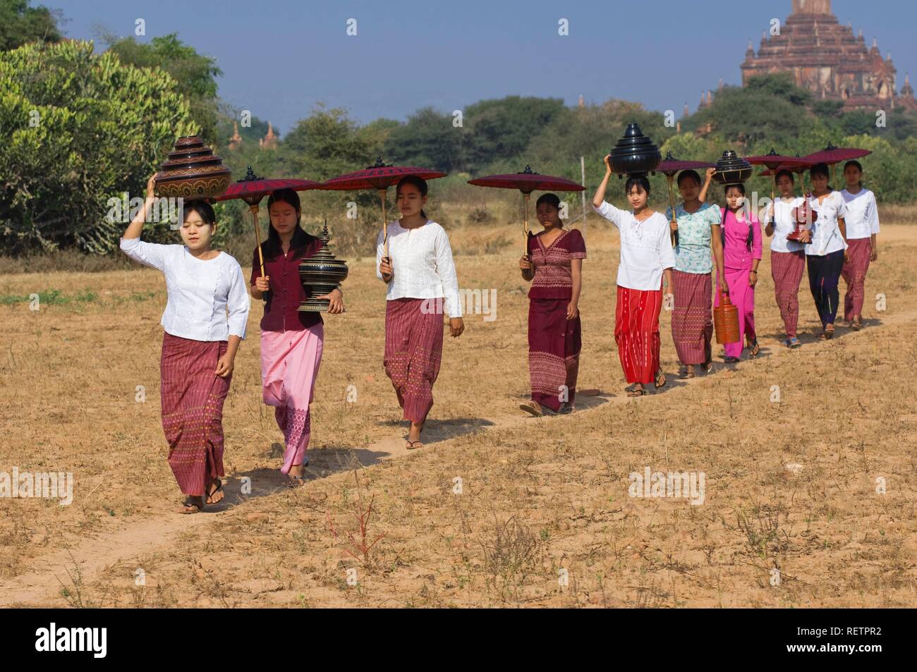 Giovani donne birmane con un ombrellone che attraversa un campo vicino alla Pagoda Sulamani, Bagan, Myanmar Foto Stock