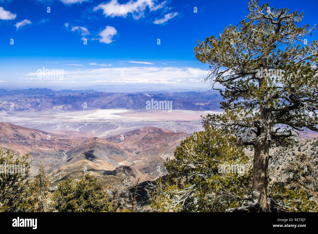 Vista verso la Badwater bacino attraverso il sentiero a picco del telescopio, il Parco Nazionale della Valle della Morte, California Foto Stock
