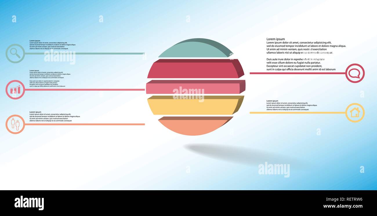 3D illustrazione modello infografico. L'anello in rilievo è diviso in cinque parti a colori. Scopo è disposta su blu sullo sfondo bianco. Le linee di colore con Illustrazione Vettoriale