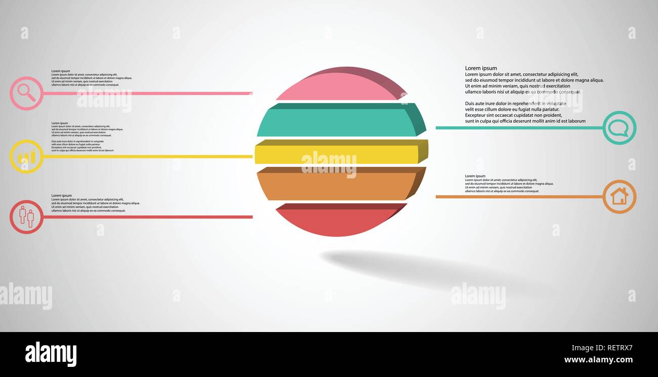 3D illustrazione modello infografico. L'anello in rilievo è diviso in cinque parti a colori. Scopo è disposta su grigio sfondo bianco. Le linee di colore con Illustrazione Vettoriale