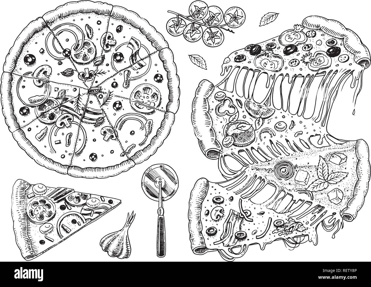 Set di pizza con formaggio. Yummy italiano cibo vegetariano con pomodori, olive e melanzane. Schizzo per il menu del ristorante. Disegnata a mano modello. In stile vintage. Illustrazione Vettoriale