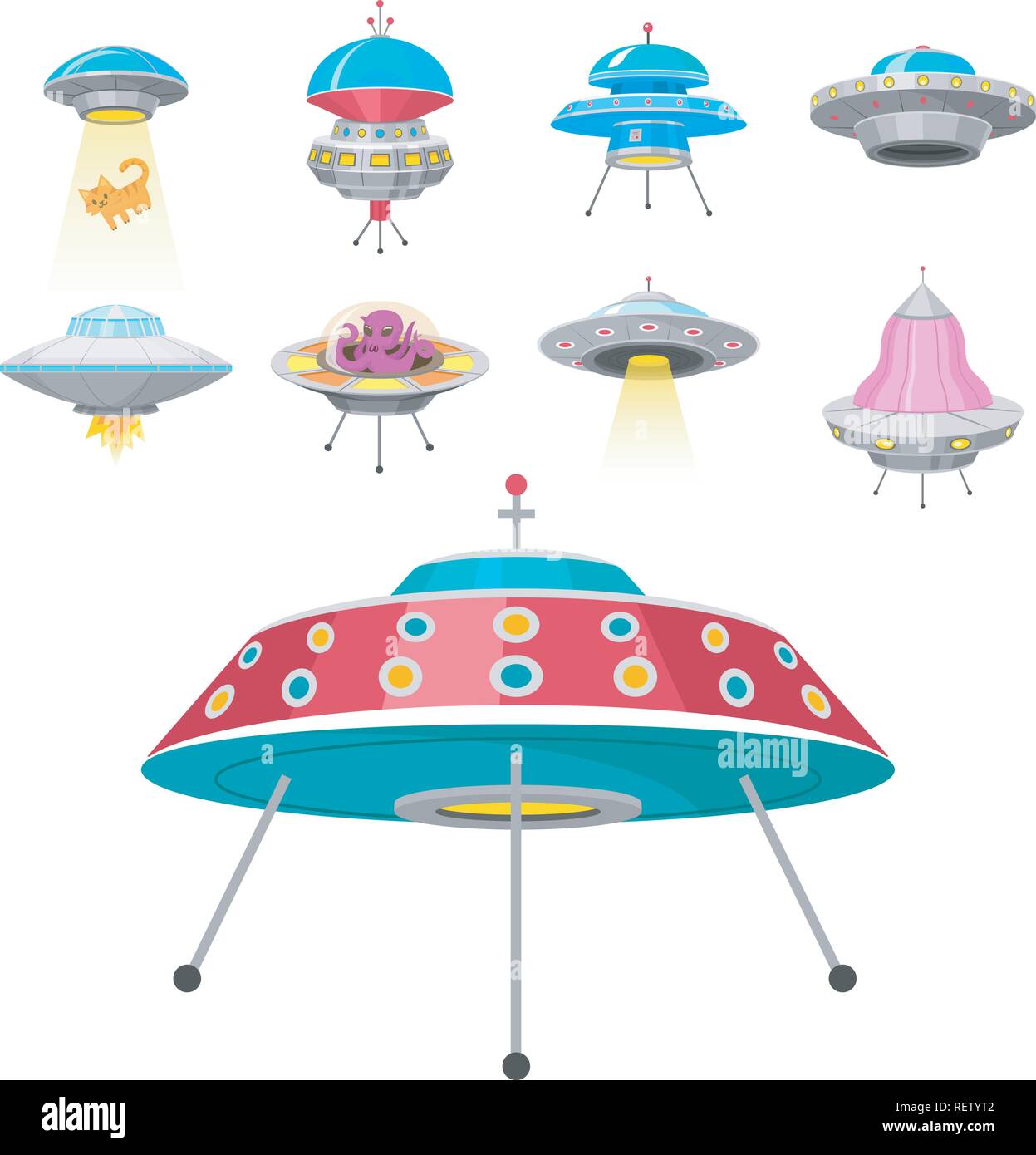 Astronavi aliene, Set di UFO Oggetto Volante non Identificato, fantastica di razzi, Cosmic navicelle spaziali in universo spazio. Illustrazione Vettoriale su sfondo bianco. Elementi della GUI, stile Cartoon, gioco piatto. Illustrazione Vettoriale