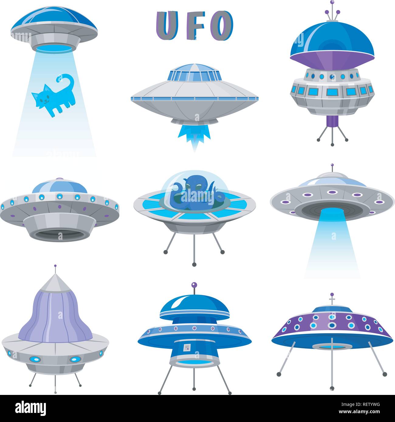 Astronavi aliene, set di UFO Oggetto Volante non Identificato, fantastica  di razzi, Cosmic navicelle spaziali in universo spazio. illustrazione  vettoriale su sfondo bianco. Elementi della GUI. Gioco di Piana, stile  cartoon Immagine