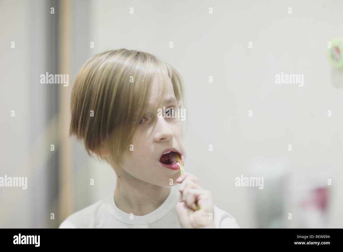 Ragazzo scuola elegante con il taglio di capelli spazzolare i denti nella parte anteriore dello specchio Foto Stock Ragazzo scuola elegante con il taglio di capelli spazzolare i denti nella parte anteriore dello specchio Foto Stock