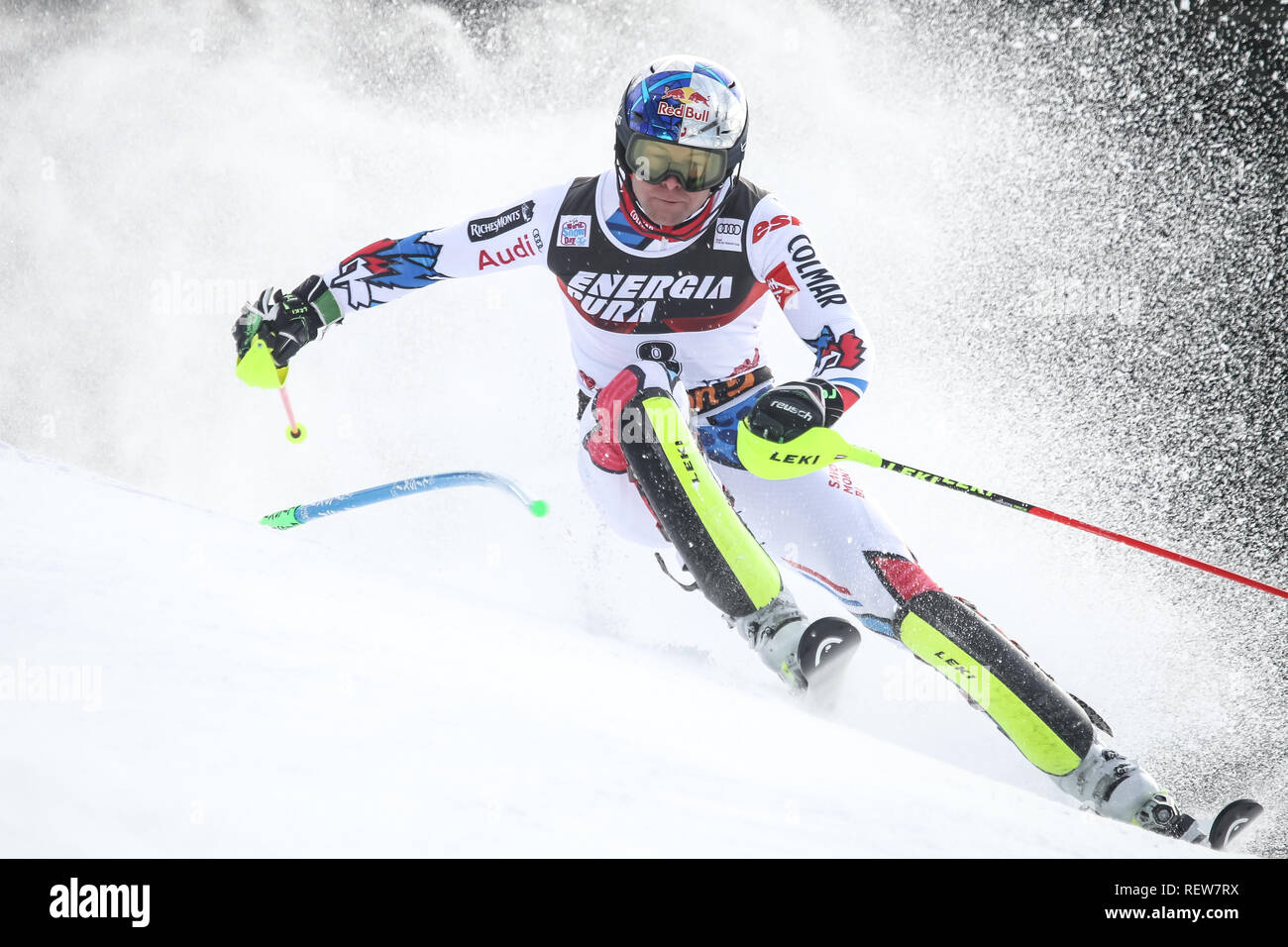 Zagabria, Croazia - 6 Gennaio 2019 : Alexis Pinturault dalla Francia compete durante l'Audi FIS Coppa del Mondo di Sci Alpino Slalom Mens, Snow Queen Trofeo 20 Foto Stock