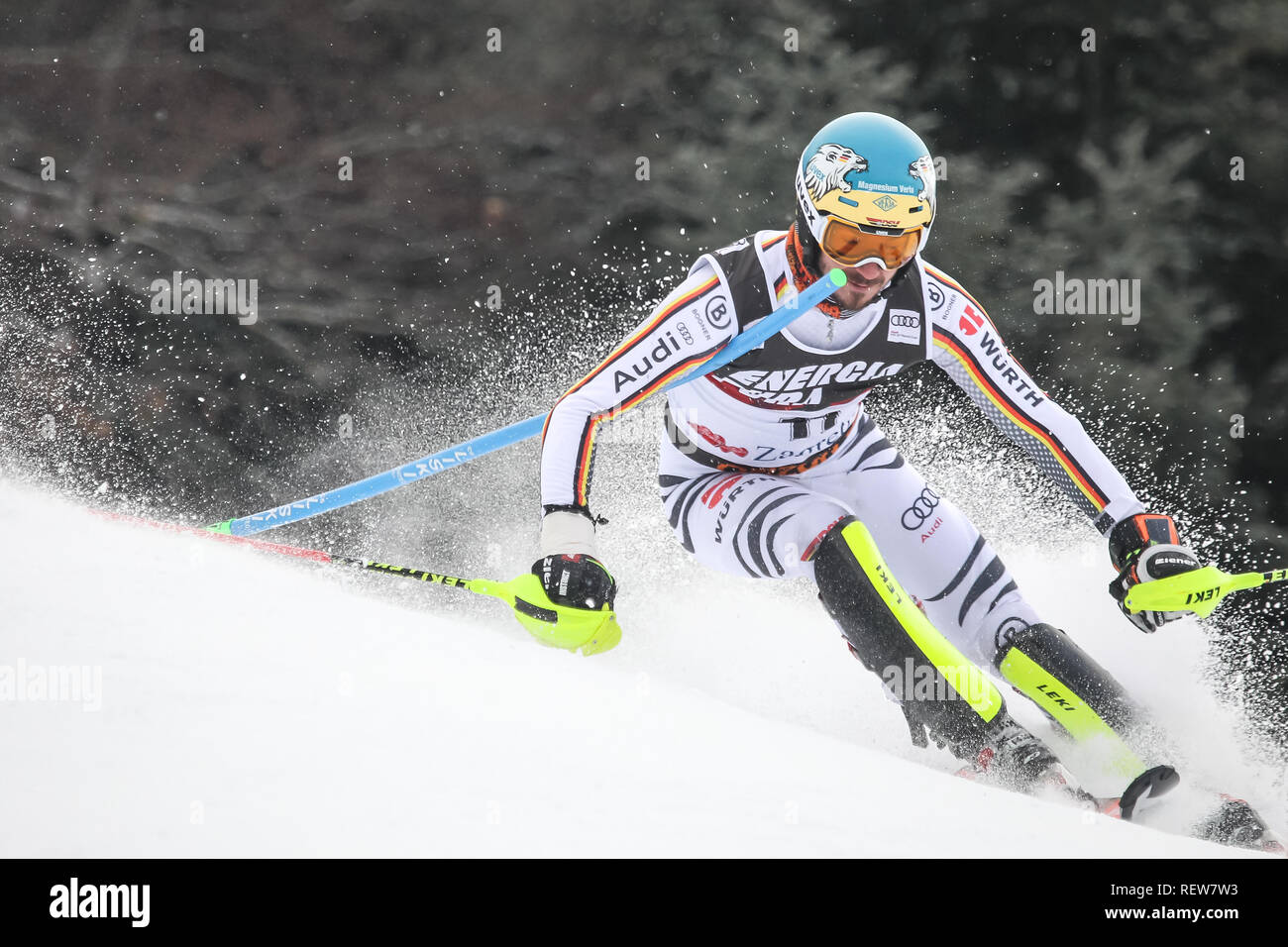 Zagabria, Croazia - 6 Gennaio 2019 : Felix Neureuther dalla Germania compete durante l'Audi FIS Coppa del Mondo di Sci Alpino Slalom Mens, Snow Queen Trofeo 20 Foto Stock