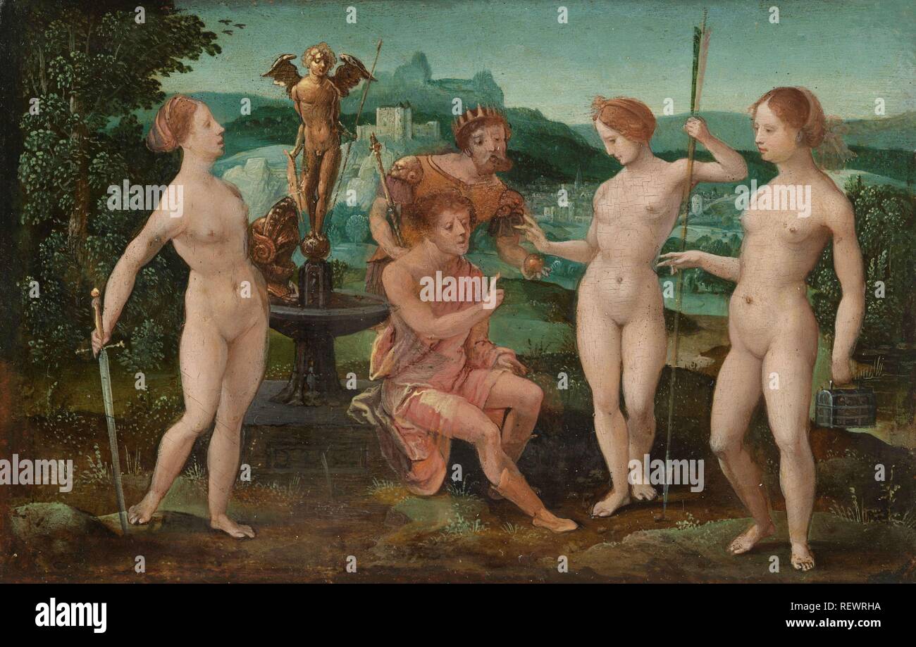 Sentenza di Parigi. Dating: 1532. Misurazioni: h 10 cm × W 15,6 cm. Museo: Rijksmuseum Amsterdam. Autore: Meester van de Vrouwelijke Halffiguren (cerchio di). Foto Stock