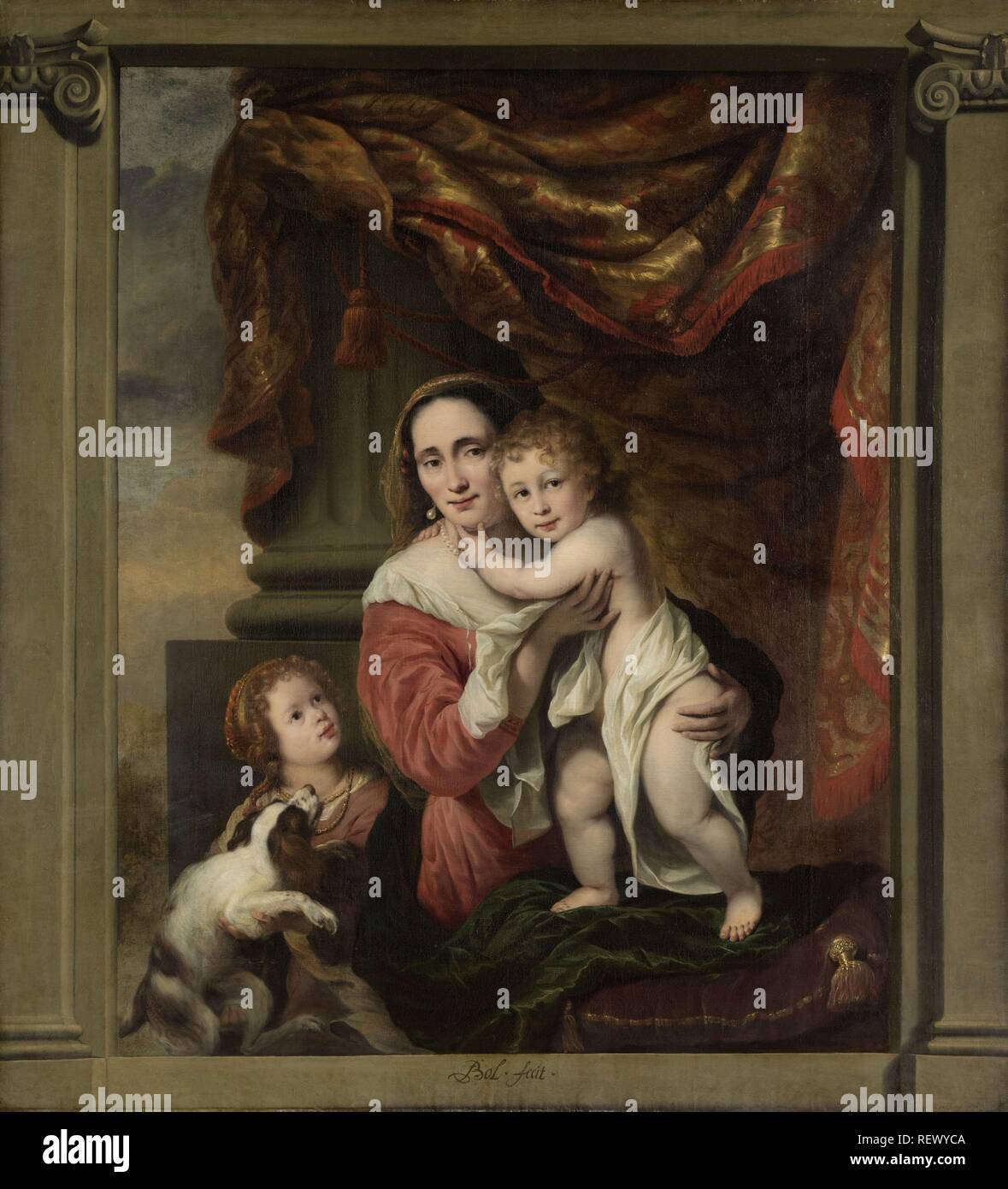 Caritas: Joanna de Geer (1629-1691) con i suoi bambini Cecilia viaggio (1660-1728) e Laurens (viaggio di b. 1662). Dating: 1662 - 1669. Misurazioni: h 167 cm × w 152,5 cm; h la voce, ammontante complessivamente a 196,4 cm × W 182 cm × d 8 cm. Museo: Rijksmuseum Amsterdam. Autore: Ferdinand Bol. Foto Stock