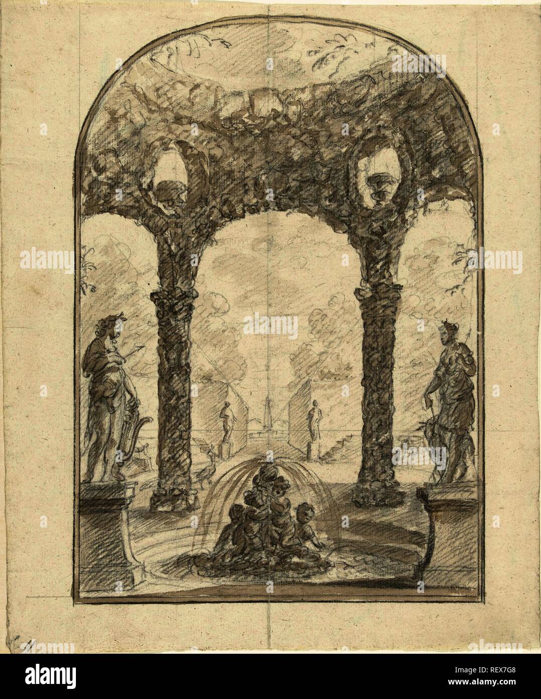 Vista di un giardino con una fontana con statue di Apollo e Diana. Relatore per parere: Elias van Nijmegen. Dating: 1677 - 1755. Misurazioni: h 329 mm × W 272 mm. Museo: Rijksmuseum Amsterdam. Foto Stock