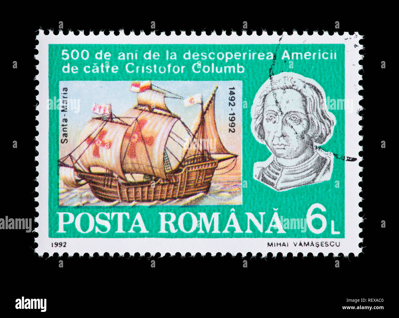 Francobollo dalla Romania raffiguranti Cristoforo Colombo e il Santa Maria, il cinquecentesimo anniversario della scoperta del Nuovo Mondo. Foto Stock