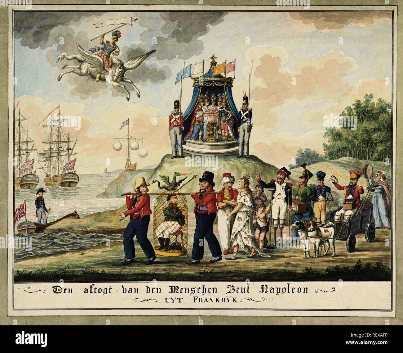 Napoleone verbanning naar Elba, 1814. Den aftogt van den Menschen Beul Napoleone uijt Frankrijk (titolo in oggetto). Relatore per parere: Wijnand Esser (attribuito a). Dating: 1814. Luogo: Paesi Bassi. Misurazioni: h 451 mm × W 563 mm. Museo: Rijksmuseum Amsterdam. Foto Stock