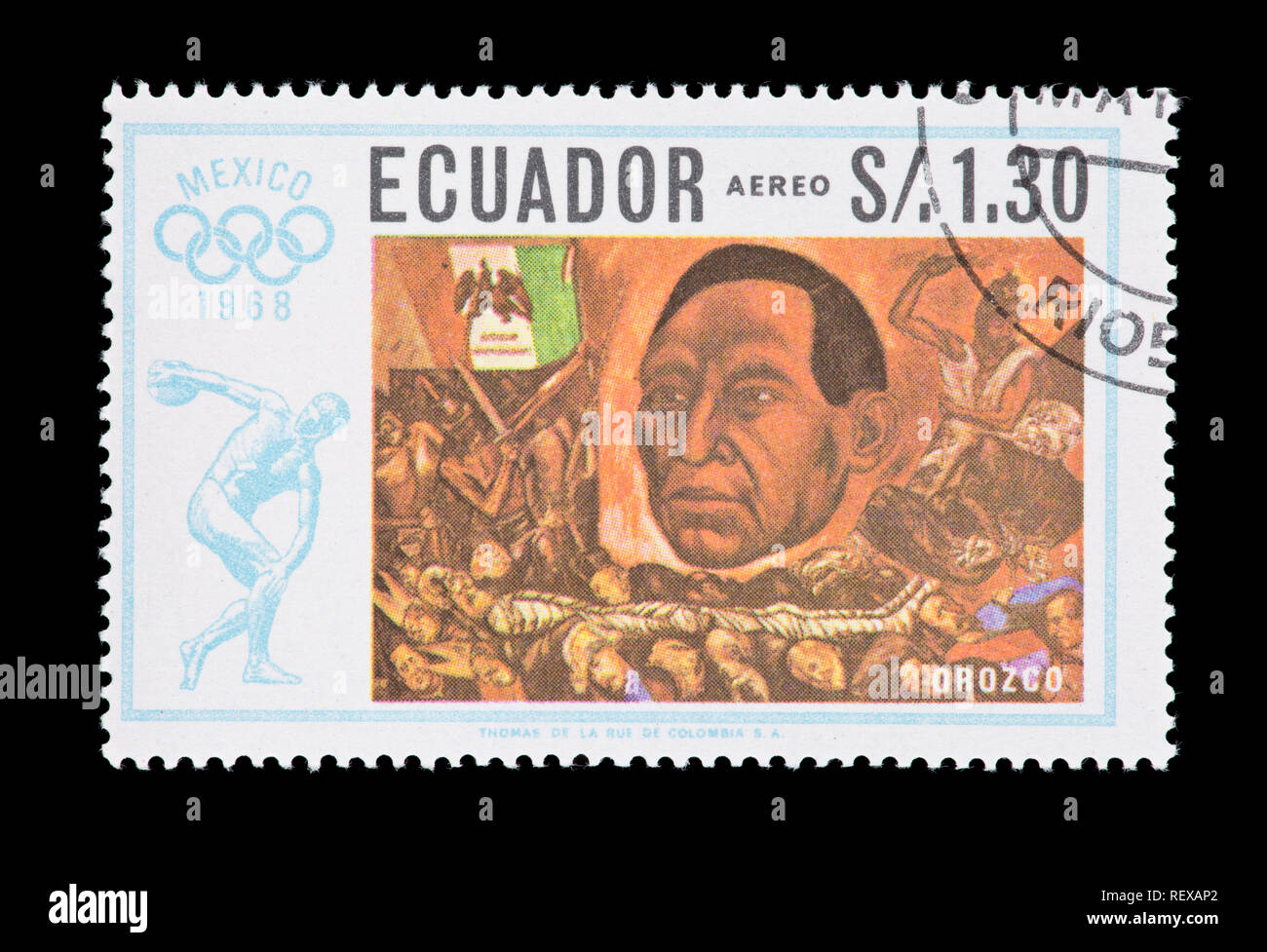 Francobollo da Ecuador raffigurante arte nativa (Orozco pittura presidente Juarez) per il 1968 Città Del Messico Olimpiadi Foto Stock