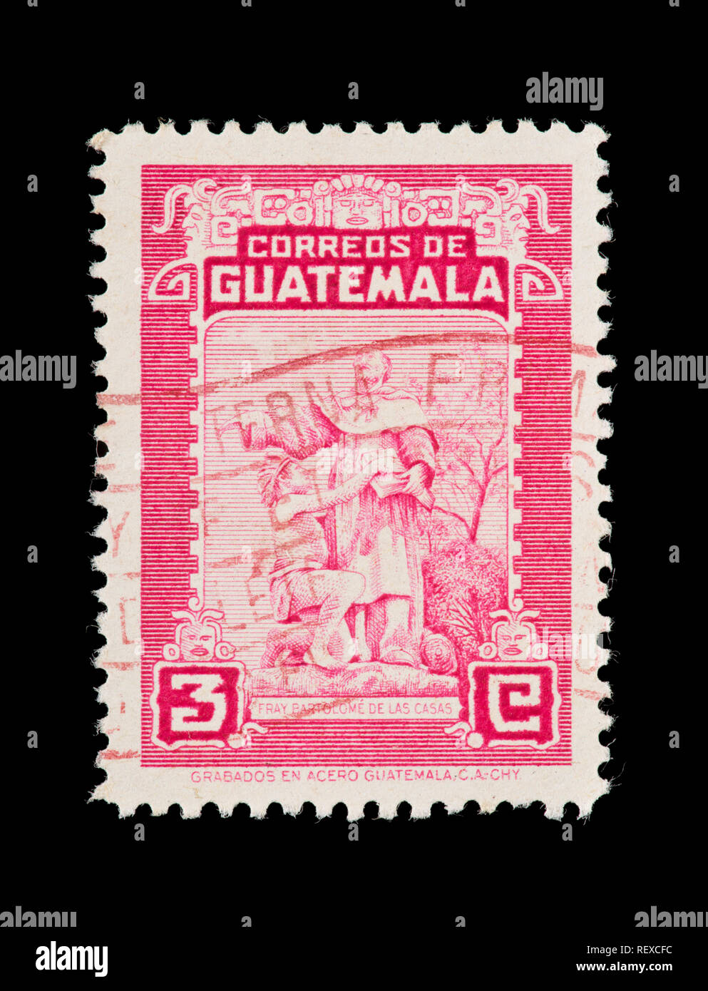 Francobollo dal Guatemala raffiguranti Bartolomé de las Casas e indiano Foto Stock