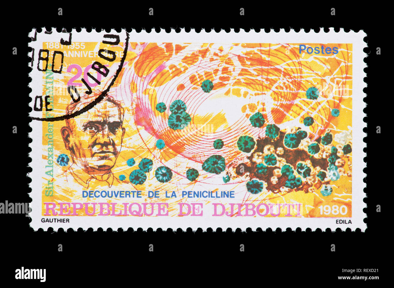 Francobollo da Gibuti raffiguranti Alexander Fleming, batteri e penicillina. Foto Stock