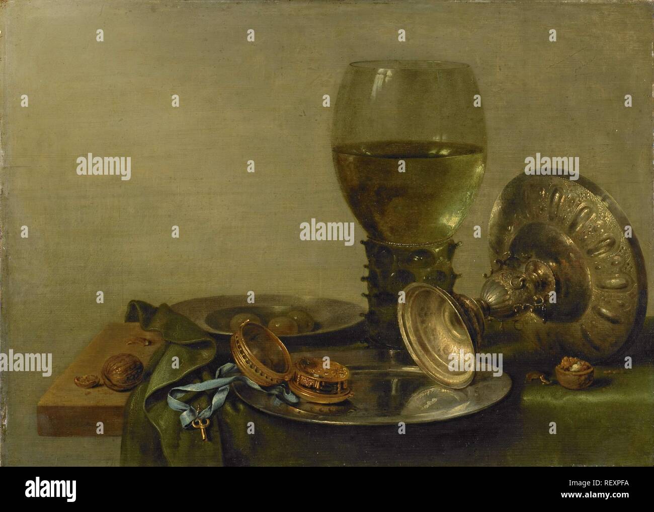 Ancora in vita con Roemer e torrefazione Tazza d'argento. Dating: 1630. Luogo: Haarlem. Misurazioni: h 40 cm × W 55,5 cm. Museo: Rijksmuseum Amsterdam. Autore: Willem Claesz. Heda. Foto Stock
