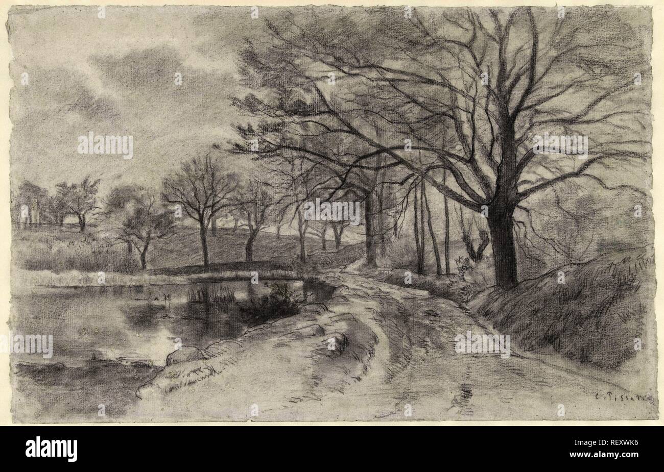 Paesaggio con ruscello. Relatore per parere: Camille Jacob Pissarro. Dating: 1860 - 1869. Misurazioni: h 295 mm × W 465 mm. Museo: Rijksmuseum Amsterdam. Foto Stock