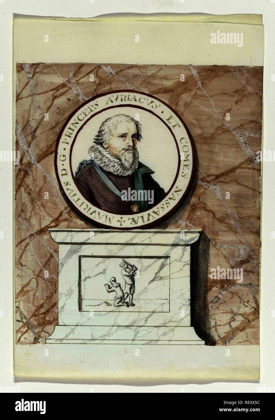 Portret van Prins Maurits. Regtspleging van Oldenbarnevelt (titolo serie). Relatore per parere: anonimo. Dating: 1708 - 1795. Luogo: Paesi Bassi. Misurazioni: h 23.5 cm × W 19 cm. Museo: Rijksmuseum Amsterdam. Foto Stock