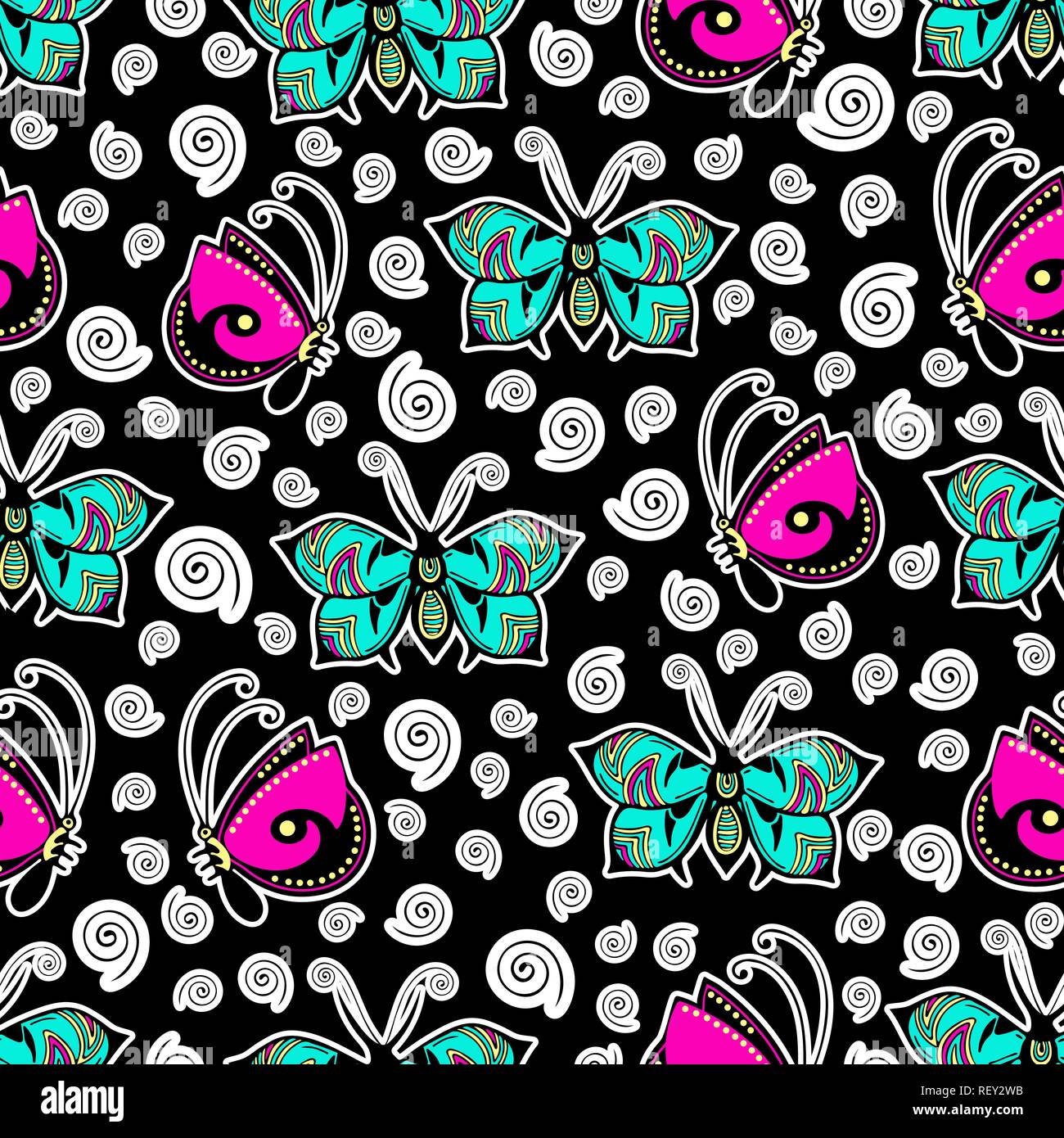 Farfalle astratto seamless pattern, del disegno a mano, la stampa tessile, illustrazione vettoriale. Modellato insetto colorato con le ali e la corsa di bianco su blac Illustrazione Vettoriale