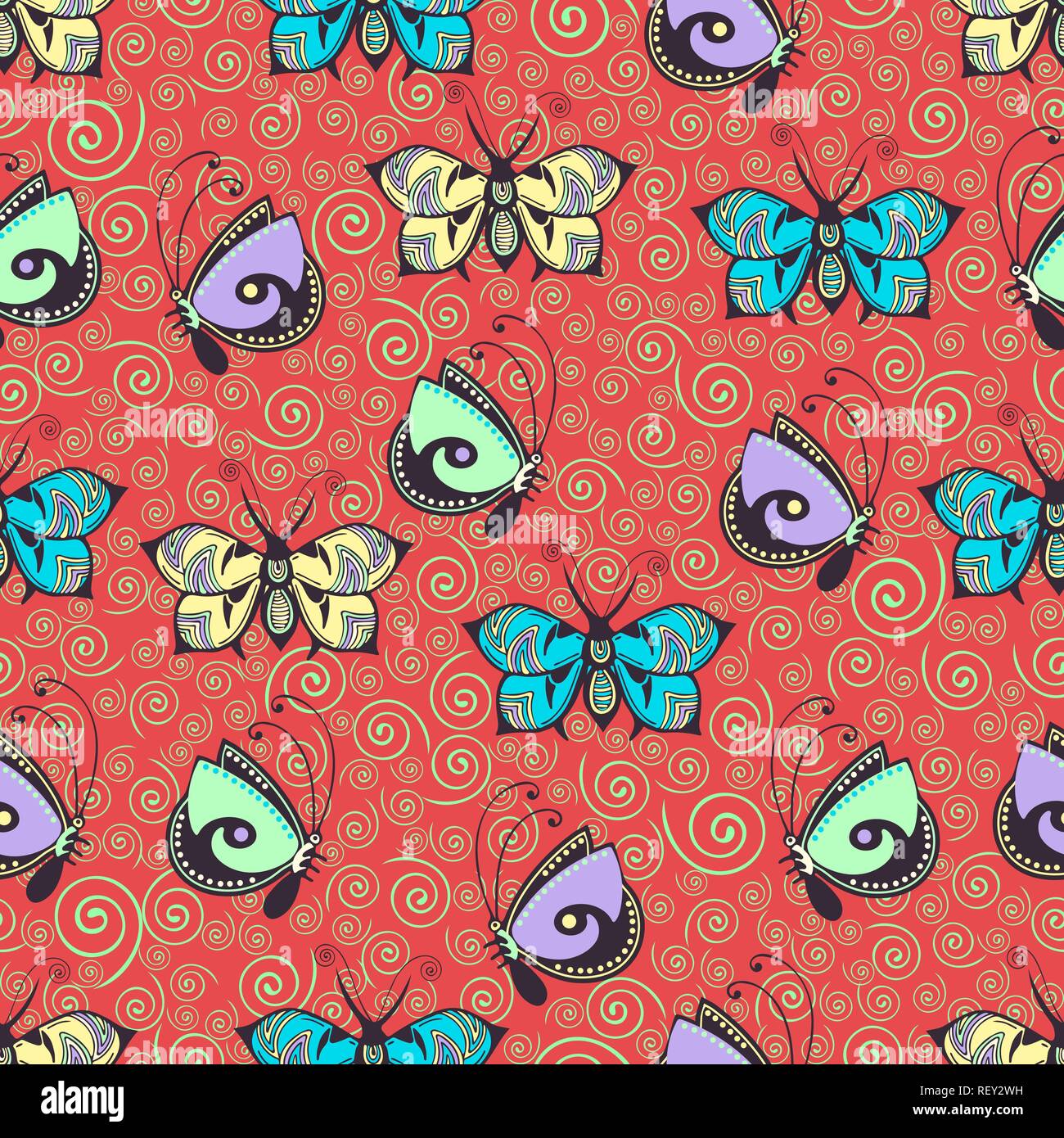 Farfalle astratto seamless pattern, del disegno a mano, la stampa tessile, illustrazione vettoriale. Modellato pastello colorato insetto con ali su rosso scarlatto ba Illustrazione Vettoriale
