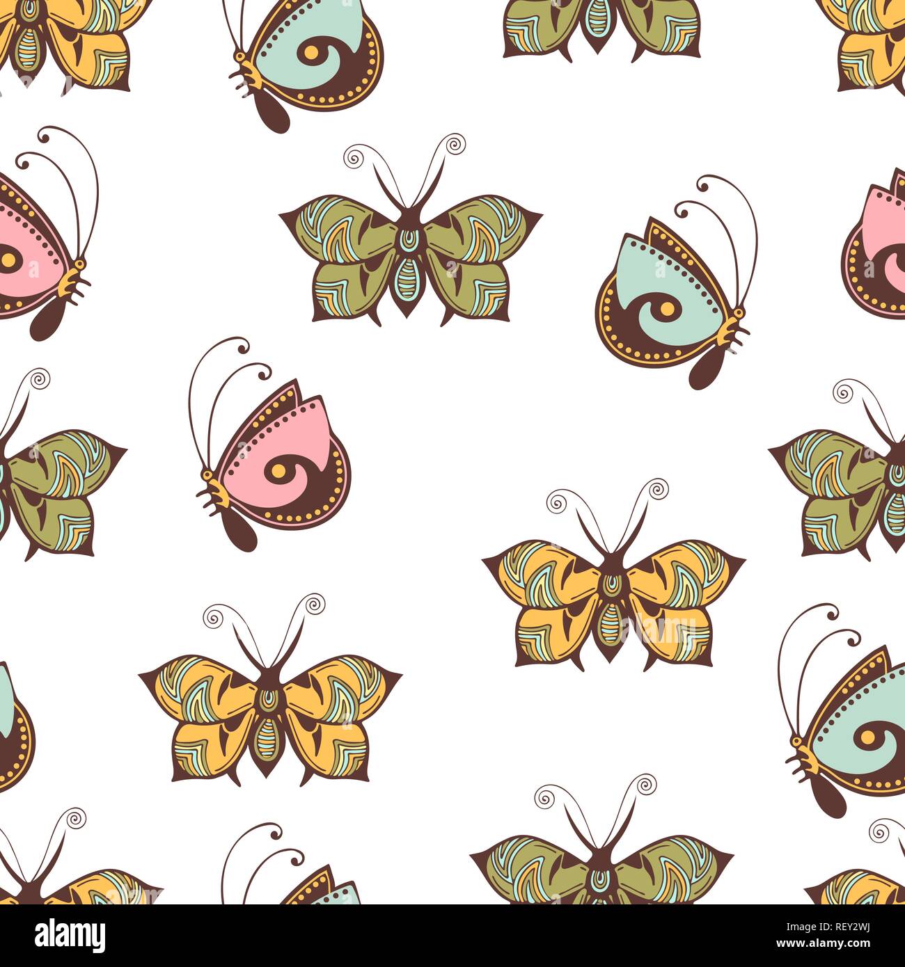 Farfalle astratto seamless pattern, del disegno a mano, la stampa tessile, illustrazione vettoriale. Modellato pastello colorato insetto con ali su bianco backgrou Illustrazione Vettoriale