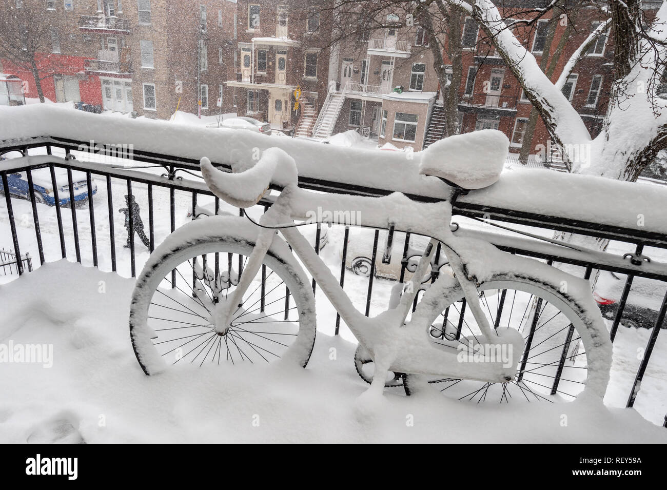 Bike coperta di neve fresca a Montreal, Canada (gennaio 2019) Foto Stock