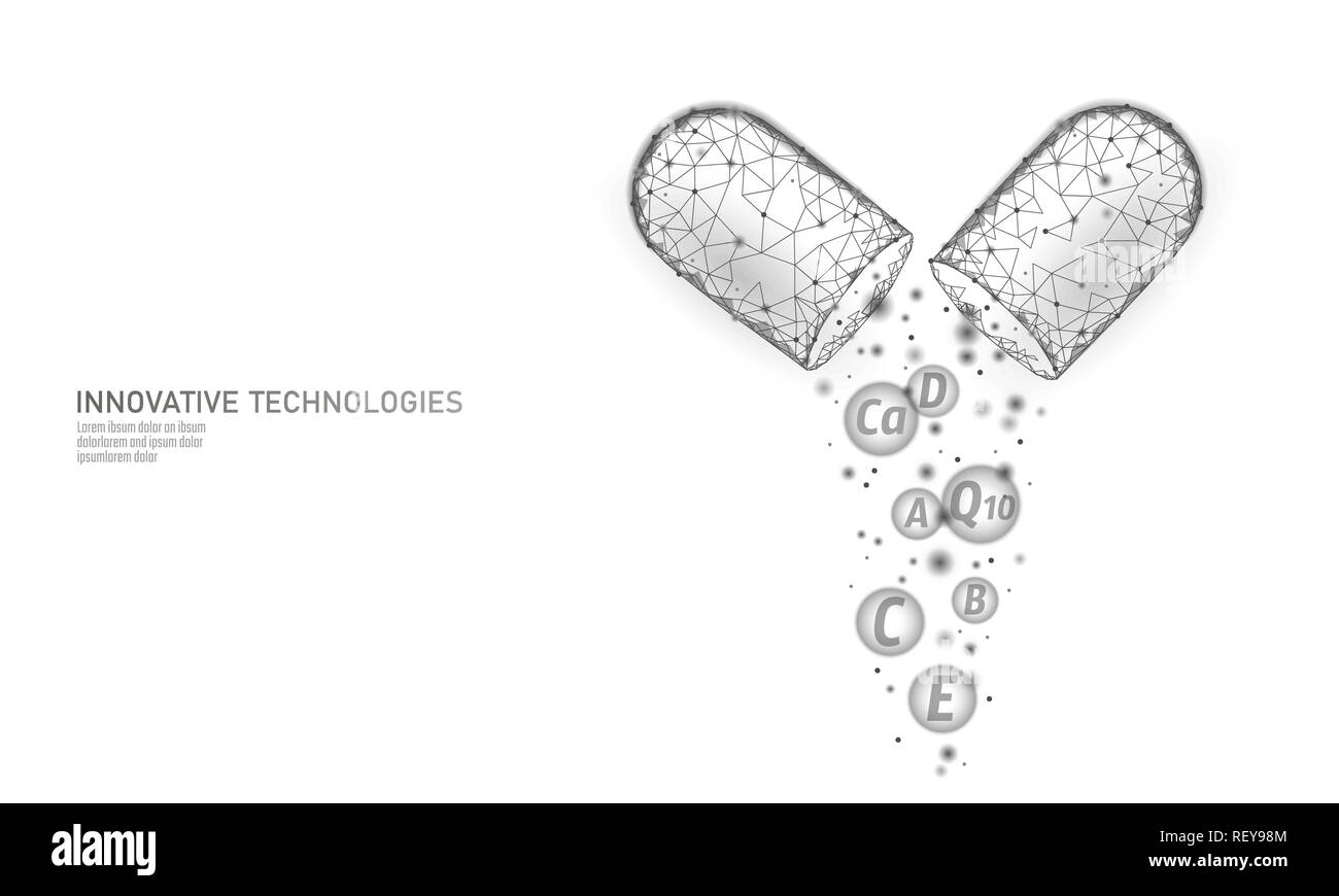 Multi vitamin complesse di basso poli capsula. Health supplement skin care bodybuilding anti-invecchiamento farmacia modello di pagina di intestazione. 3D il coenzima Q10, A, B, C, D. medicina Scienza illustrazione vettoriale Illustrazione Vettoriale