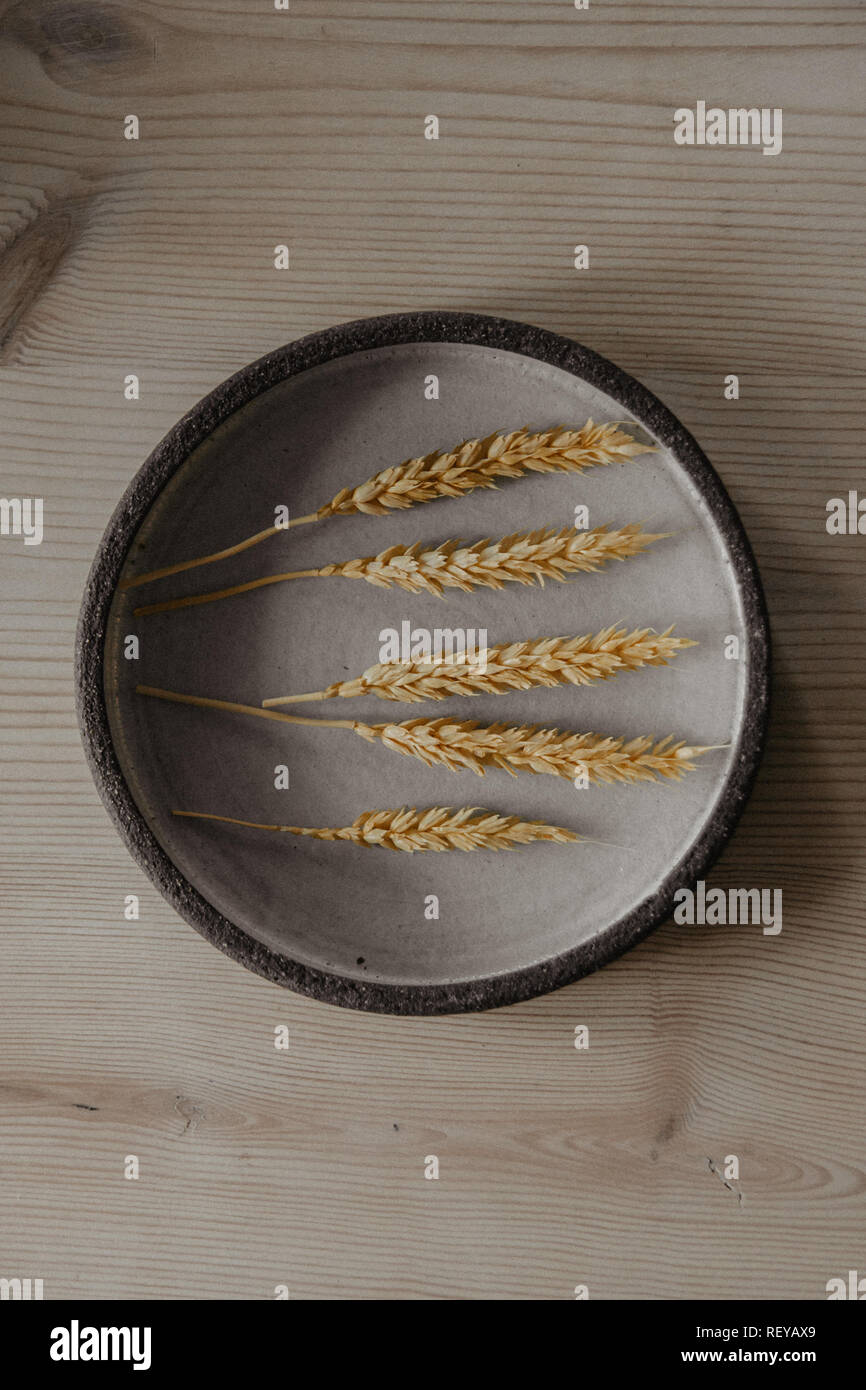 Decorativa piastra di argilla, su uno sfondo di legno con copia spazio. Foto Stock