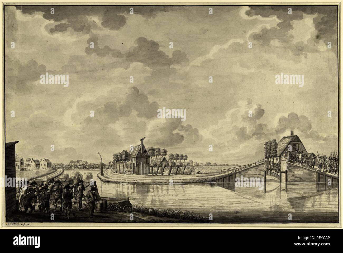 Attacco a Ouderkerk aan de Amstel sul ponte demolito, 1787. Relatore per parere: Jean George Teissier (firmato dall'artista). Dating: 1788 - 1790. Luogo: Nord dei Paesi Bassi. Misurazioni: h 336 mm × W 476 mm. Museo: Rijksmuseum Amsterdam. Foto Stock