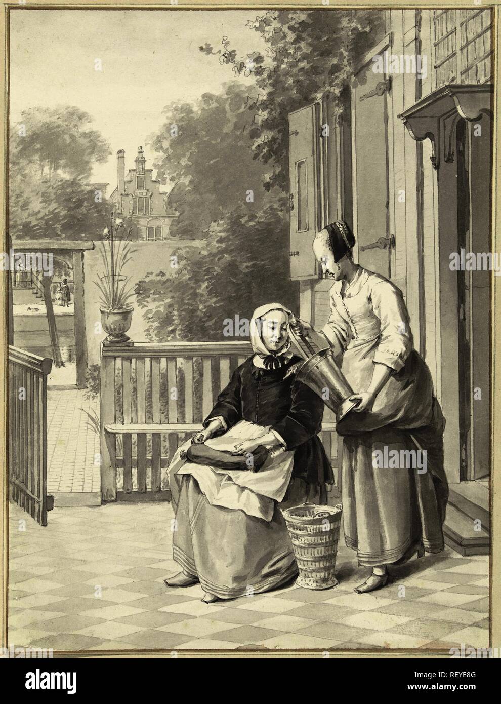 Lady con cucina cameriera di fronte a una casa. Relatore per parere: Wybrand Hendriks. Dopo Pieter De Hooch. Dating: 1754 - 1831. Misurazioni: h 296 mm × W 222 mm. Museo: Rijksmuseum Amsterdam. Foto Stock