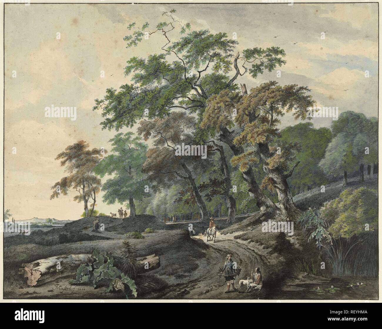 Paesaggio con una strada attraverso il bosco e un cacciatore di Falcon. Relatore per parere: Gerard van Nijmegen. Dopo Jan van Kessel (1641-1680) (menzionato in oggetto). Dopo Johannes Lingelbach. Dating: 1801. Misurazioni: h 373 mm × W 474 mm. Museo: Rijksmuseum Amsterdam. Foto Stock
