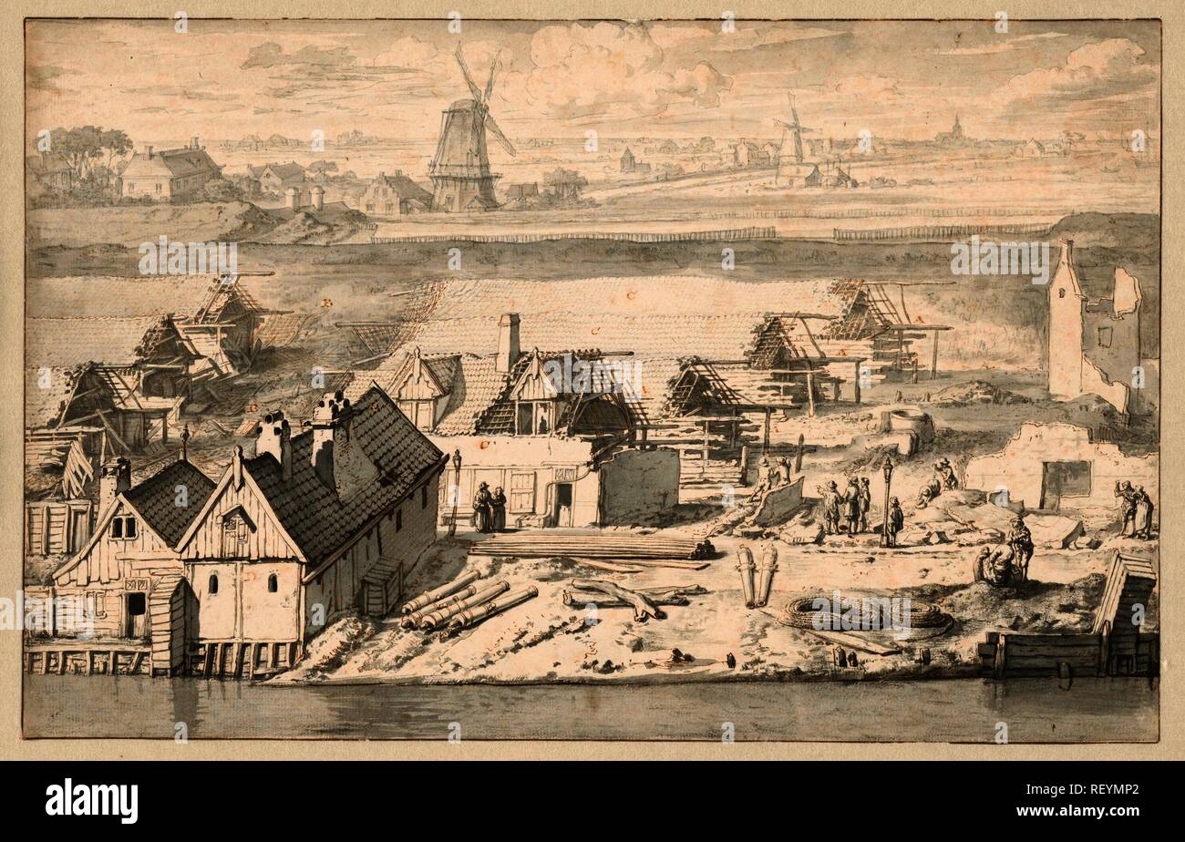 Ruderi di tre bruciata linee al redoubt a Smallepadsgracht, 1680. Relatore per parere: Jan van der Heyden. Dating: 1680 - 1690. Luogo: Amsterdam. Misurazioni: h 202 mm × W 320 mm. Museo: Rijksmuseum Amsterdam. Foto Stock