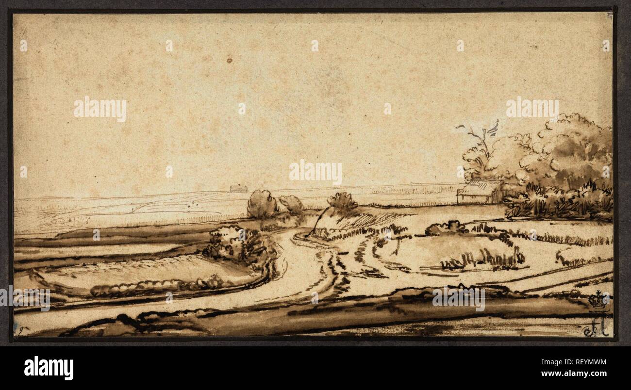 Paesaggio in pendenza con la strada e la casa in corrispondenza di un bordo di una foresta. Relatore per parere: Abramo Furnerius. Dating: 1638 - 1654. Misurazioni: h 134 mm × W 249 mm. Museo: Rijksmuseum Amsterdam. Foto Stock