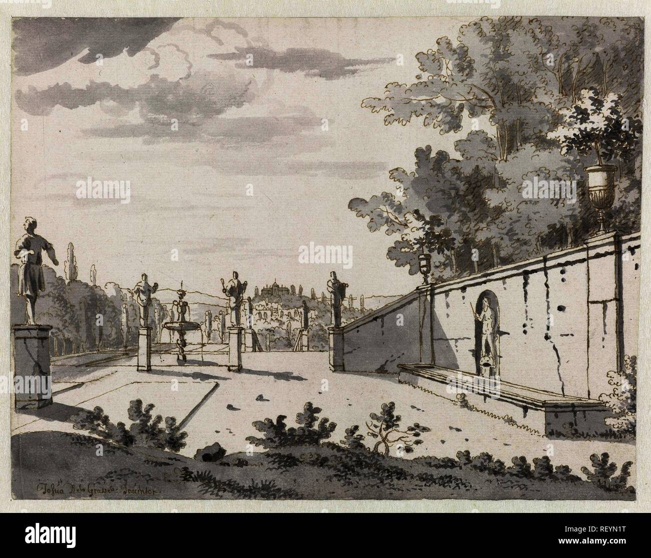 Vista di un terrazzo con statue. Relatore per parere: Josua de Grave. Dating: 1680 - 1710. Misurazioni: h 163 mm × W 210 mm. Museo: Rijksmuseum Amsterdam. Foto Stock