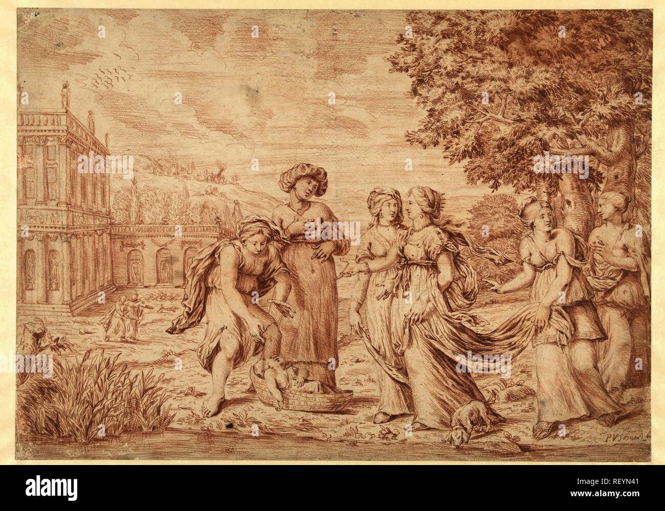 La figlia del faraone si trova a Mosè nel cestello rush. Relatore per parere: Paul van Somer (II). Dating: 1659 - 1694. Misurazioni: h 327 mm × W 458 mm. Museo: Rijksmuseum Amsterdam. Foto Stock