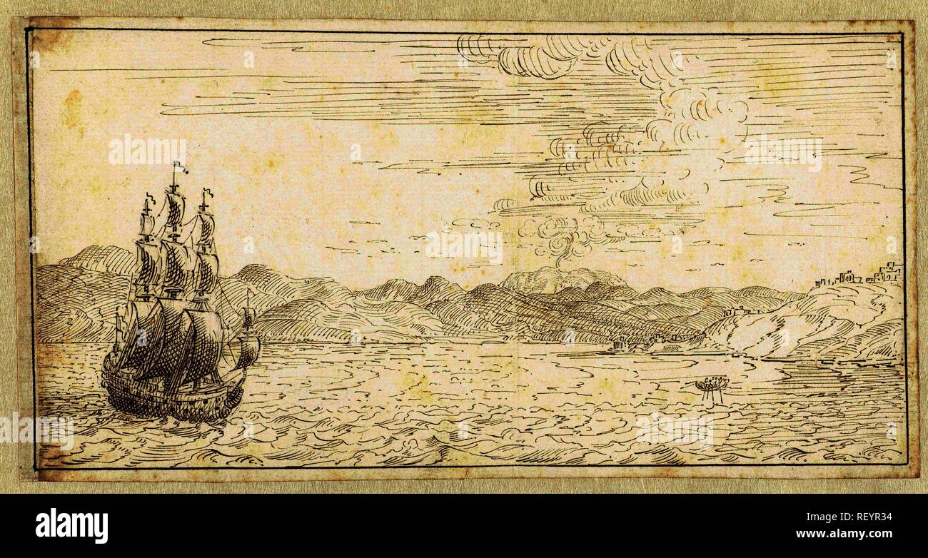 Schip gelegen voor de kust van Sicilië. Gezichten rond de Middellandse Zee (titolo serie). Relatore per parere: Johan Teyler. Dating: 1679 - 1683. Misurazioni: h 120 mm × W 235 mm. Museo: Rijksmuseum Amsterdam. Foto Stock
