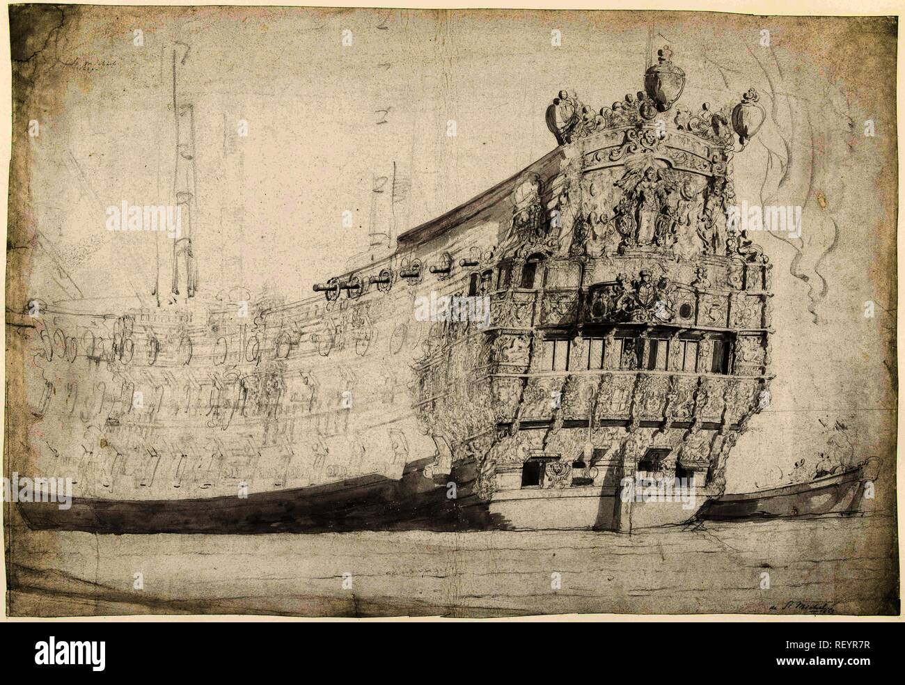 Il vascello inglese San Michele. Relatore per parere: Willem van de Velde (II). Dating: 1669 - 1707. Misurazioni: h 390 mm × W 570 mm. Museo: Rijksmuseum Amsterdam. Foto Stock