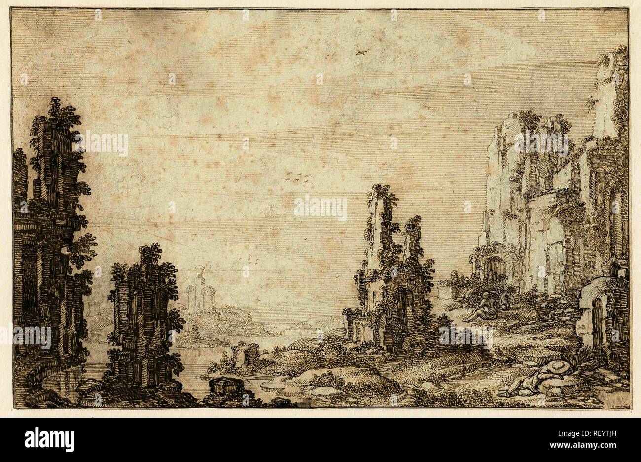 Paesaggio con rovine. Relatore per parere: Herman Breckerveld. Dating: 1623 - 1673. Misurazioni: h 160 mm × W 246 mm. Museo: Rijksmuseum Amsterdam. Foto Stock