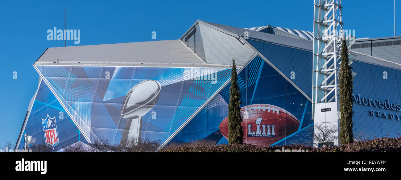 Vista panoramica di Mercedes-Benz Stadium di Atlanta, Georgia, casa dei NFL Super Bowl LIII. (USA) Foto Stock