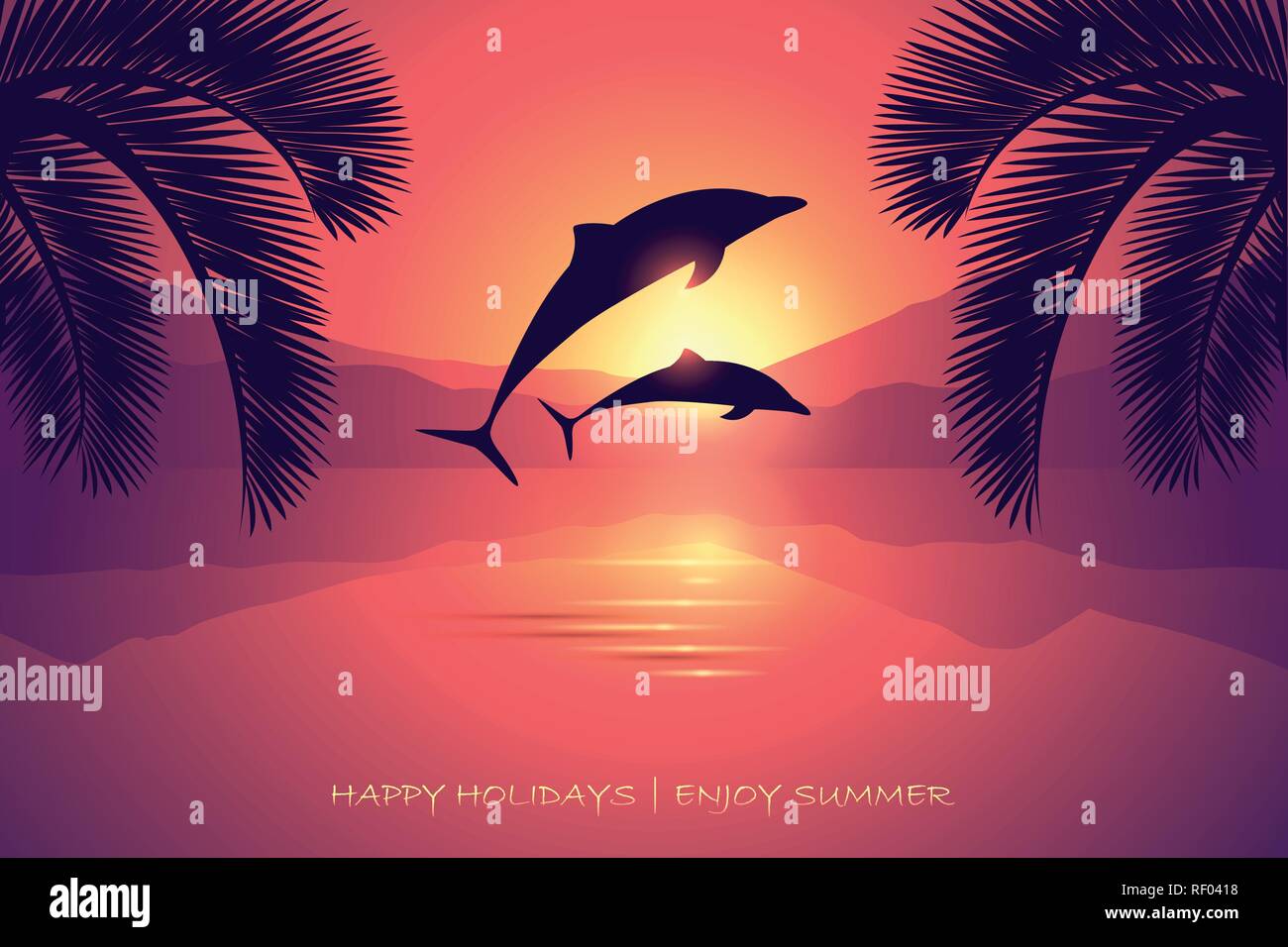 Vacanze estate tramonto da cartolina mare delfini e palm illustrazione vettoriale EPS10 Illustrazione Vettoriale