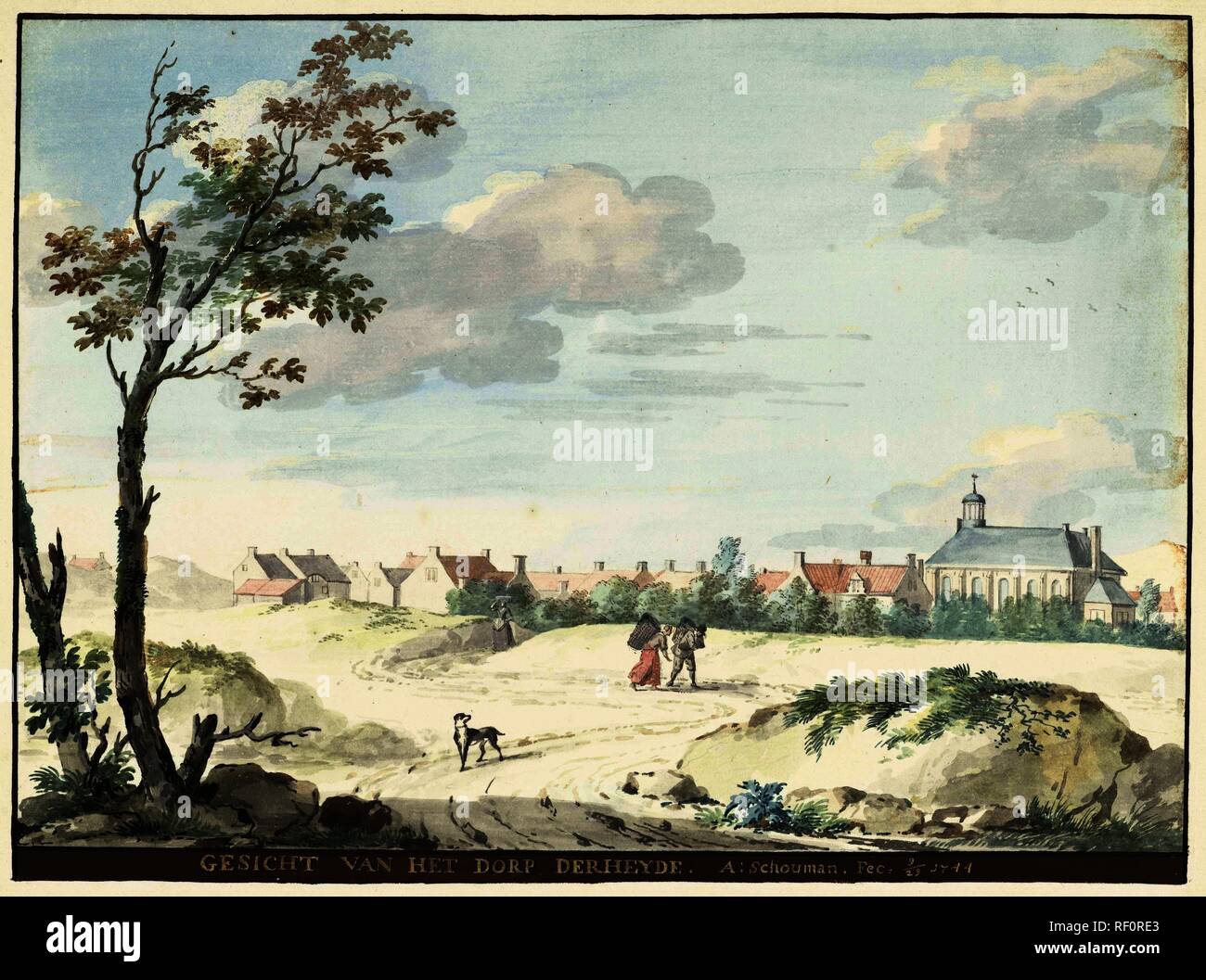 Het dorp Terheijden. GESICHT VAN HET DORP DERHEYDE (titolo in oggetto). Relatore per parere: Aert Schouman (menzionato in oggetto). Dating: 29-Sep-1744. Misurazioni: h 211 mm × W 275 mm. Museo: Rijksmuseum Amsterdam. Foto Stock