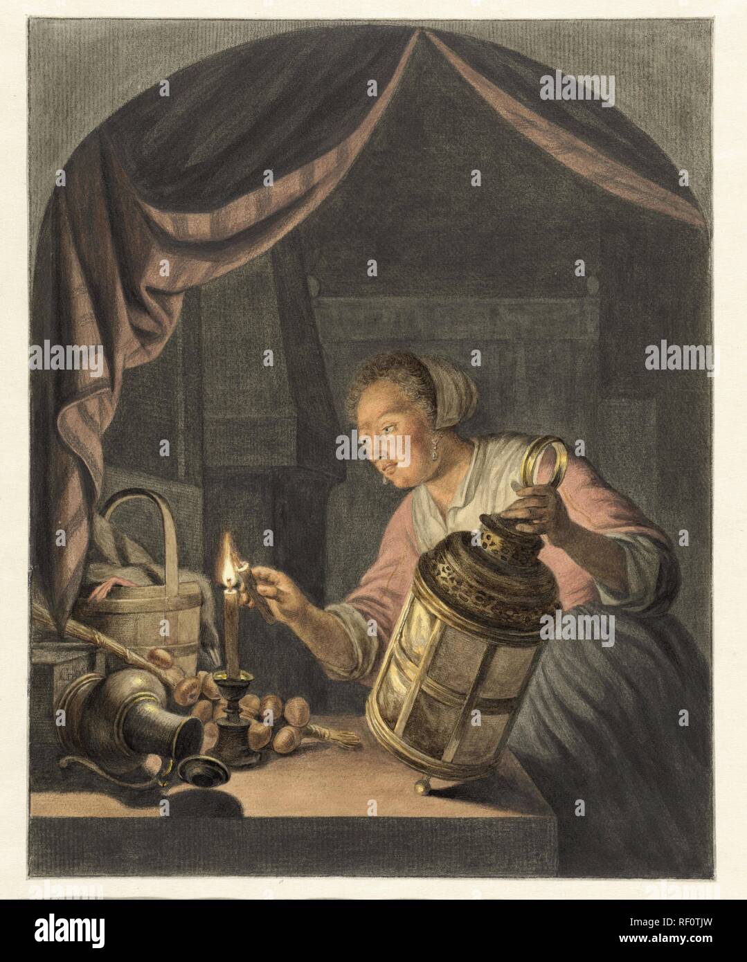Ragazza, illuminazione di una lanterna. Relatore per parere: Abramo Delfos. Dopo Gerard Dou. Dating: 1795. Misurazioni: h 273 mm × W 218 mm. Museo: Rijksmuseum Amsterdam. Foto Stock